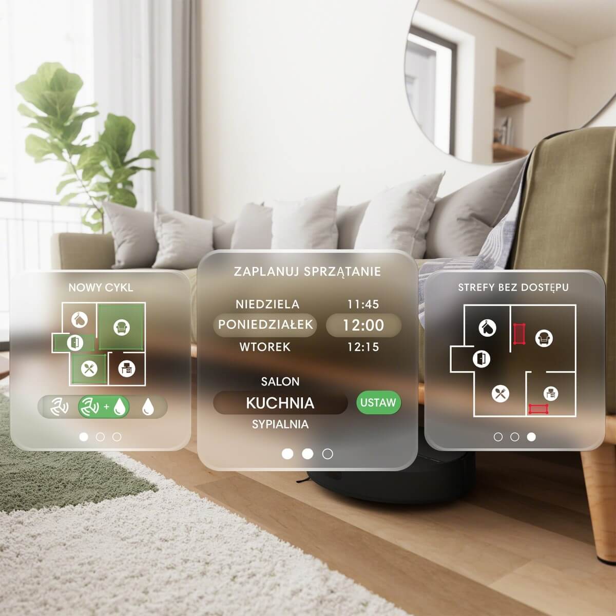 Wizualizacja ekranów z aplikacji Roomba Home prezentująca między innymi ustawienia harmonogramów pracy