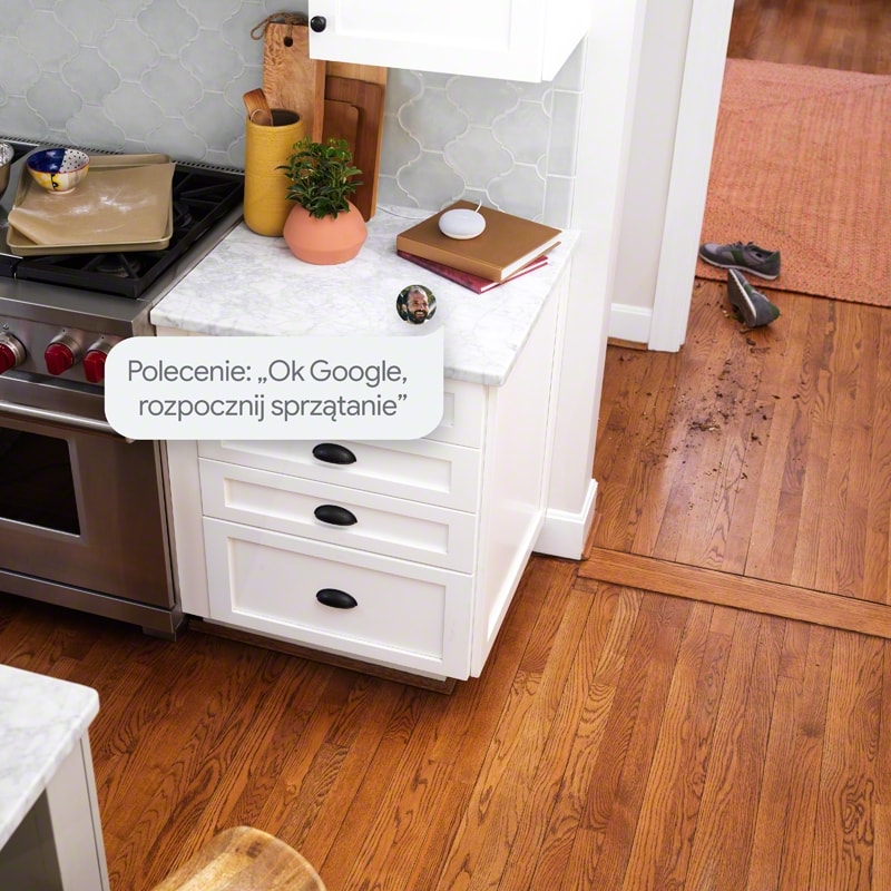 Wizualizacja komunikatów asystenta Google Home we wnętrzu kuchennym