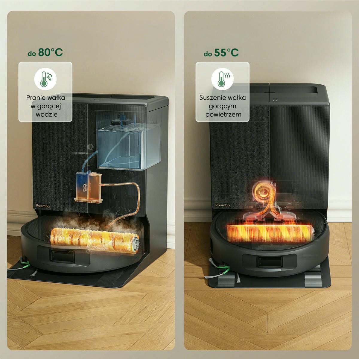 Roomba Plus 675 Combo w stacji AutoWash, pranie wałka w gorącej wodzie do 80°C i suszenie gorącym powietrzem do 55°C