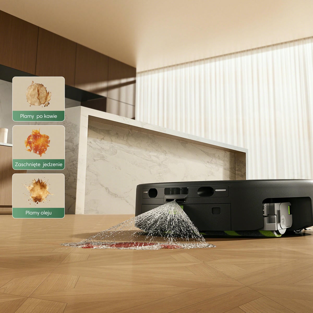 Robot roomba spryskuje plamę przed mopowaniem