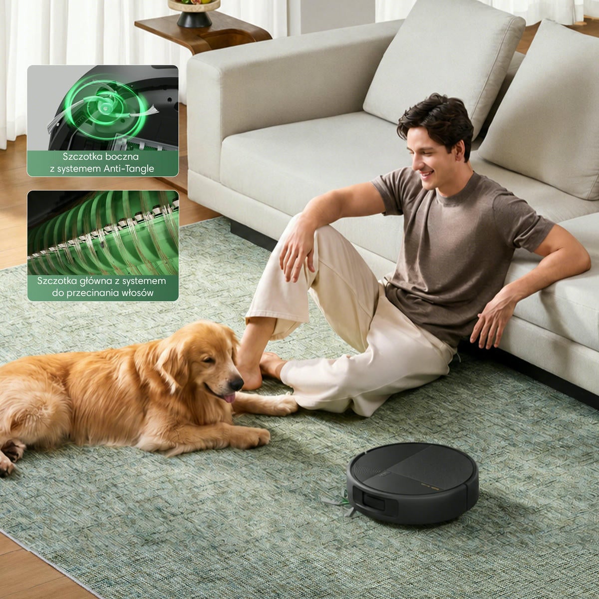 Roomba Plus 675 Combo z systemem Anti-Tangle pracuje na dywanie w domu. Robot wyposażony w szczotkę boczną zapobiegającą plątaniu i szczotkę główną z funkcją przecinania włosów