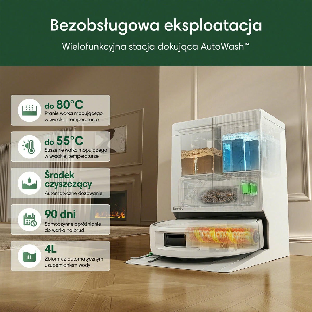 Stacja AutoWash myje wałek mopujący gorącą wodą a następnie suszy ciepłym powietrzem