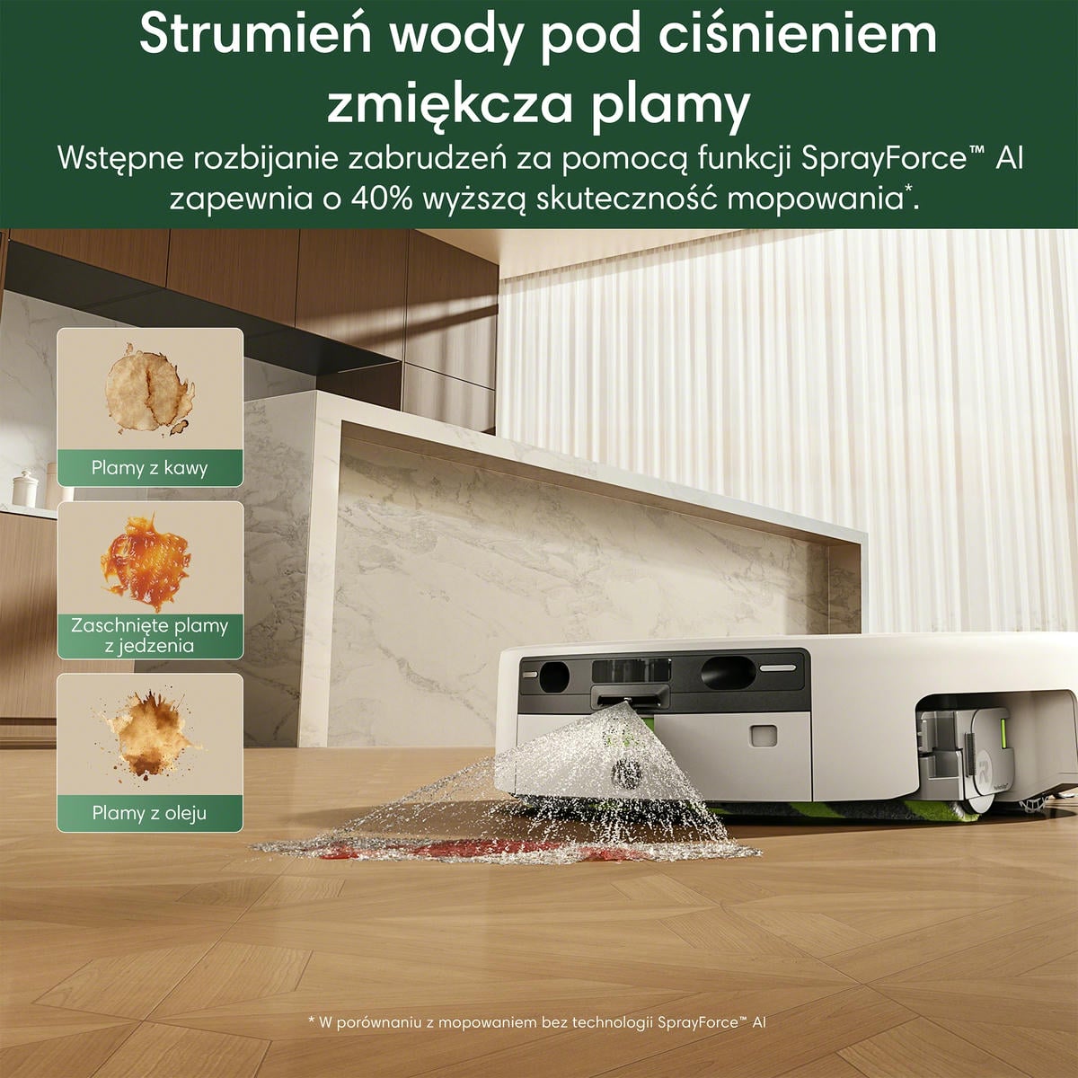 Robot roomba spryskuje plamę przed mopowaniem