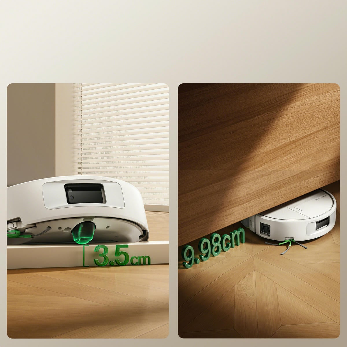 Roomba Plus 675 Combo pokonująca próg o wysokości 3,5 cm oraz wjeżdżająca pod mebel z prześwitem 9,98 cm