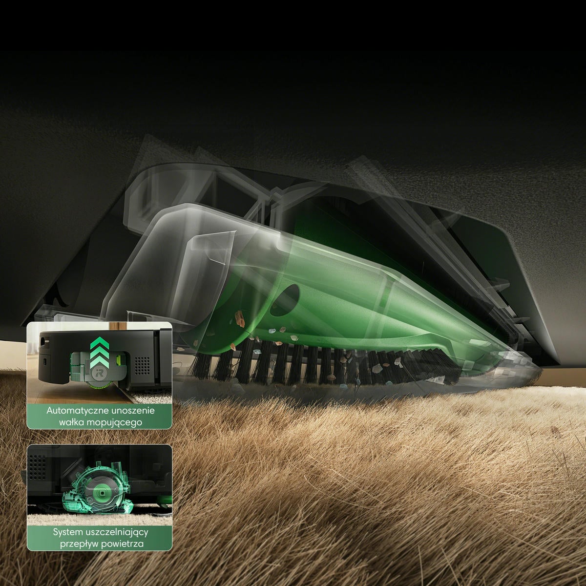 Wizualizacja szczotek Roomba Plus 615 Combo i siły ssącej