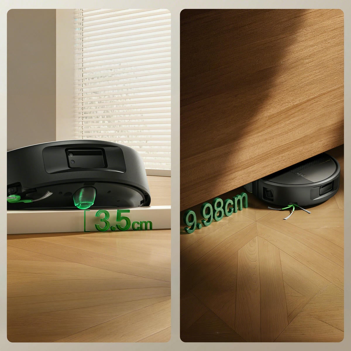 Roomba Plus 615 Combo pokonująca próg o wysokości 3,5 cm oraz wjeżdżająca pod mebel z prześwitem 9,98 cm