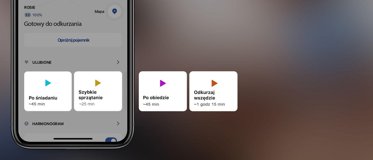Aplikacja iRobot Home na ekranie smartfona wyświetla ulubione funkcje użytkownika.