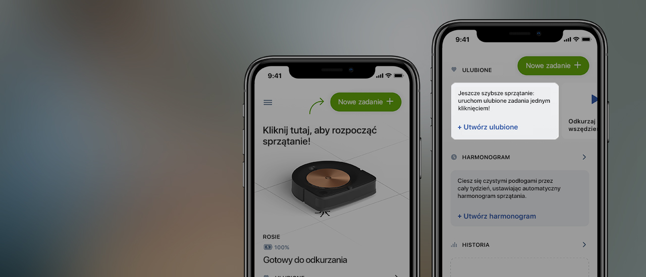 Aplikacja iRobot Home na dwóch ekranach smartfona wyświetla możliwość ustawienia nowego zadania dla robota.